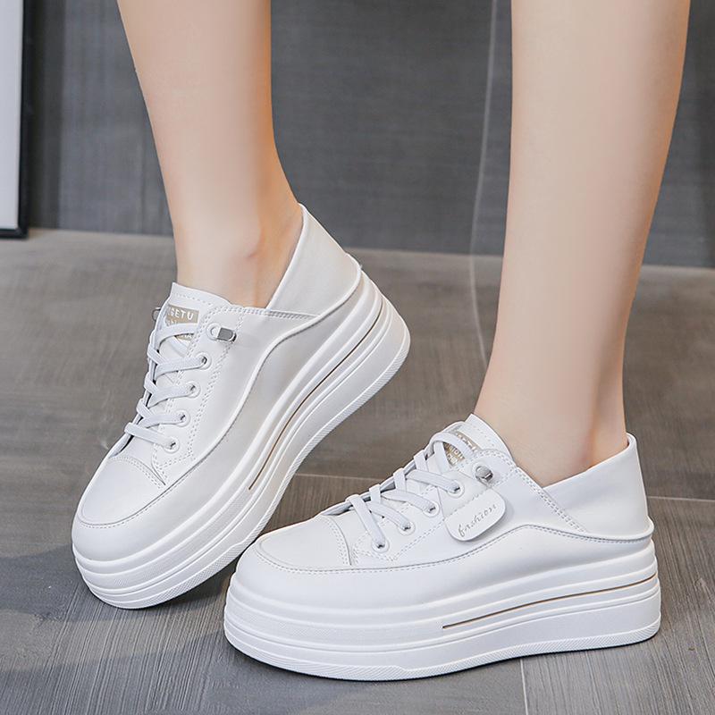 Leather Inner Height Increase White Shoes Women's 2025 Spring New Thick-soled Two Wear Board Shoes and One Pedal Sports and Leisure Single Shoes