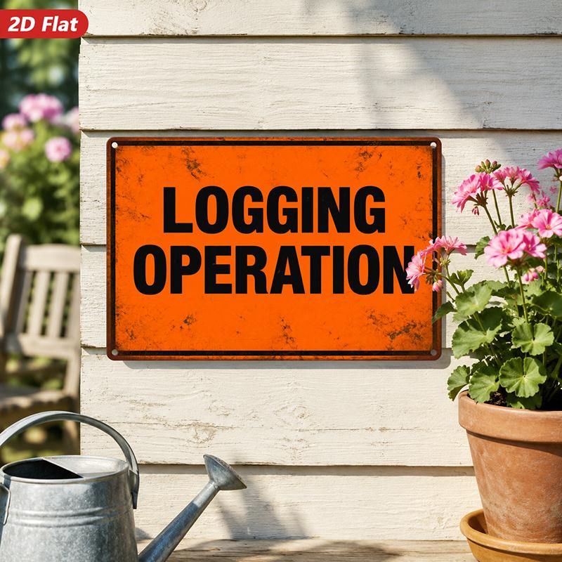 2D Flat, 1pc Logging Operation Metal Sign Wall Art, Black Font, Orange Base, Grunge End, Caution Theme, Rustic Home Decor, Ideal for Garage Shed, Cozy