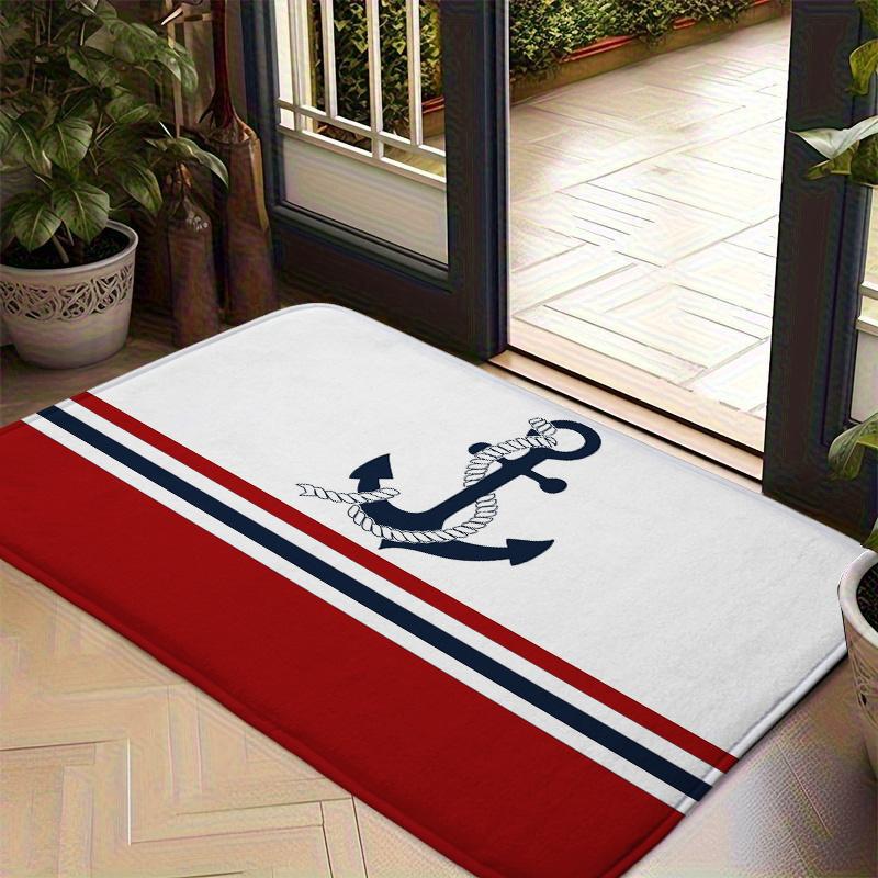 Sailing Anchor Doormat Marine Red White Navy Stripe Entrance Rug Beach House Theme Non-Slip Welcome Mat Coastal Cottage Decor