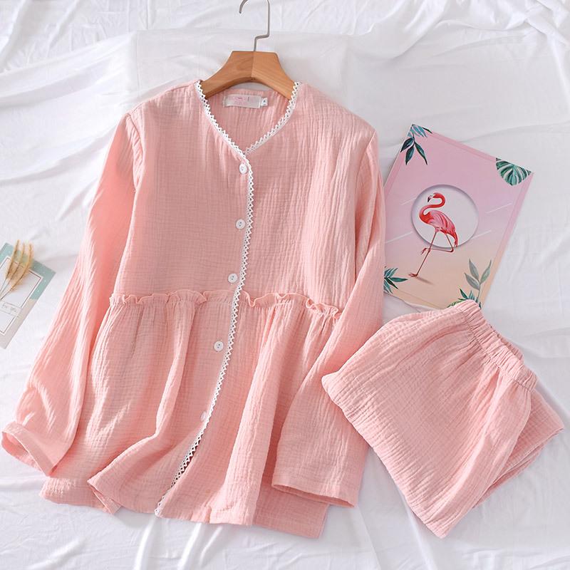 Autumn and Winter Women's Pajamas 2-Piece Set 100% Crepe Cotton Ladies Lace-Trimmed Sleepwear Pajamas Long-Sleeved Trousers Set