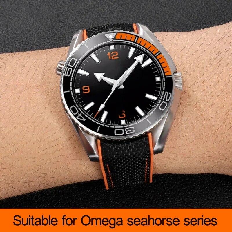 20mm 22mm Rubber Nylon Silicone Watch Band For Omega GMT Planet Ocean Seamaster Diver 300 Curved End Orange Watch Strap
