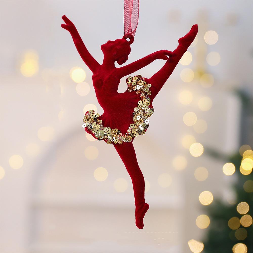 Wine Red Christmas Tree Pendant Glitter Bow Gold Sequin Snowflake Elk Hanging Ornaments Ice Bar Knot Girl Xmas Tree Pendant