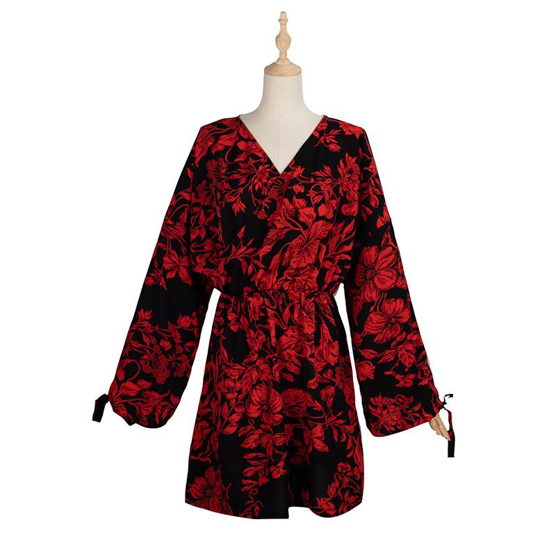 Женское повседневное платье на осень и весну, короткое мини-трапеция с высокой талией и v-образным вырезом на шнуровке с длинными рукавами и свободным принтом, черный S-XL
