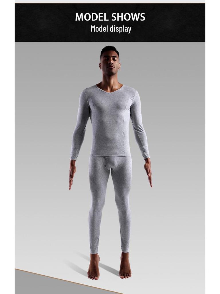 Комплект мужского хлопкового термобелья для молодежи – тонкий, облегающий, с V-образным вырезом, низким воротником, осенняя рубашка и брюки.