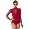 Womens Gymnastics Figure Skating Leotard Long Sleeve Sheer Mesh Sparkle Rhinestone Bodysuit