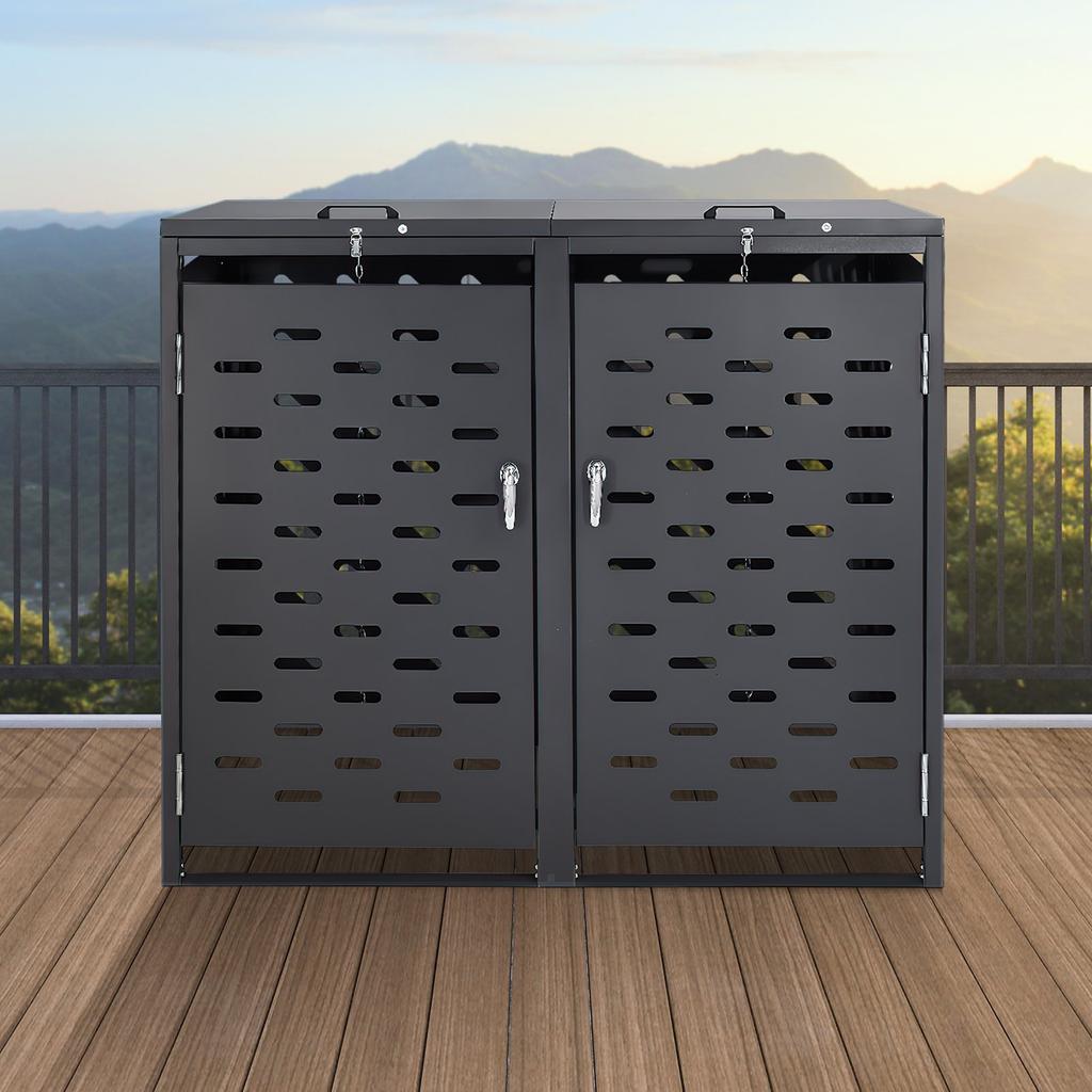 VEVOR Trash Can Storage, 2 x 52.79 Gal Trash Bin Storage Shed Outdoor, Horizontal Waterproof Storage Cabinet with Chain Lid