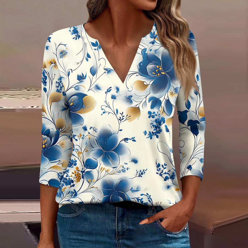 Женская футболка Футболка с принтом Рукав 3/4 Повседневные Выходные Мода Базовый V-образный вырез Обычный топ