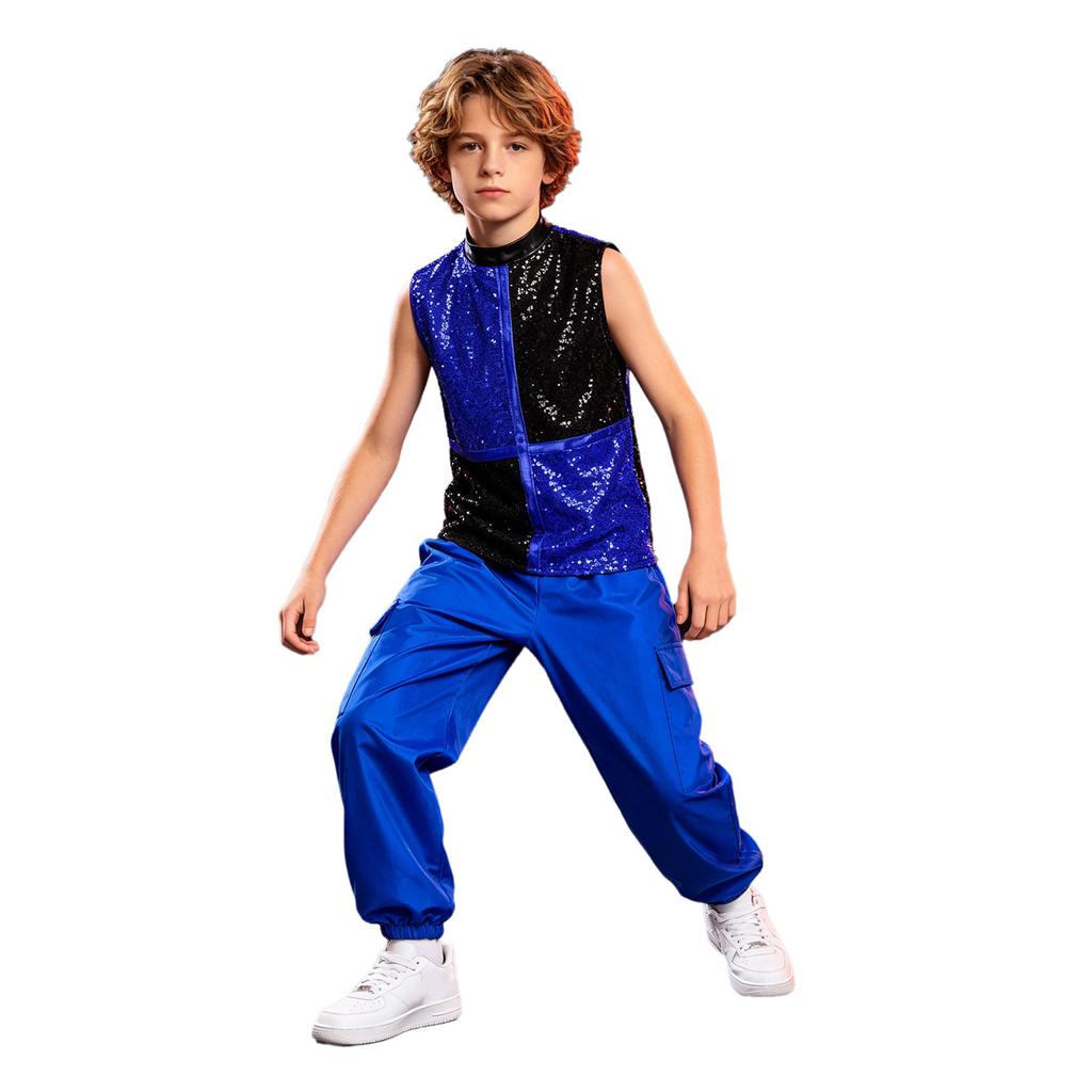 Boys Metallic Jazz Dance Costume Mock Neck Sleeveless Back Zipper Shiny Sequins Color Block Top Cargo Pants
