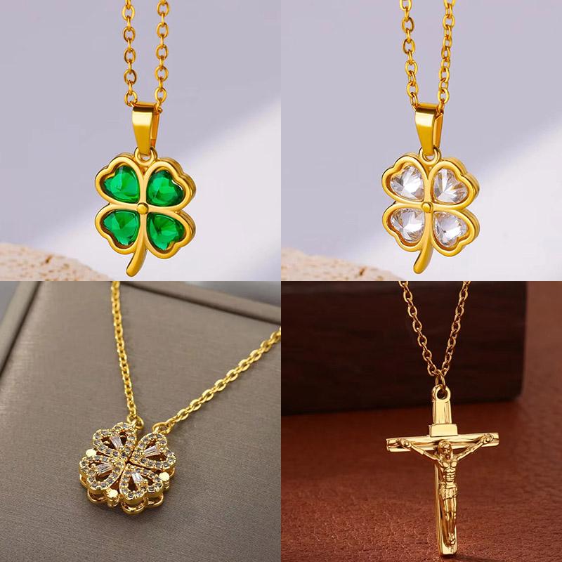 Four Leaf Clover Stainless Steel Necklaces For Women Green Zircon Gold Quality Jewelry Pendant Necklace Gift