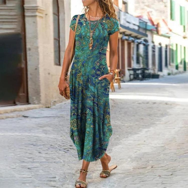 Women's Casual Dresses - Elegant Sleeveless Floral Print A Line Dress Women Party Casual Long Dress with Pocket Round Neck