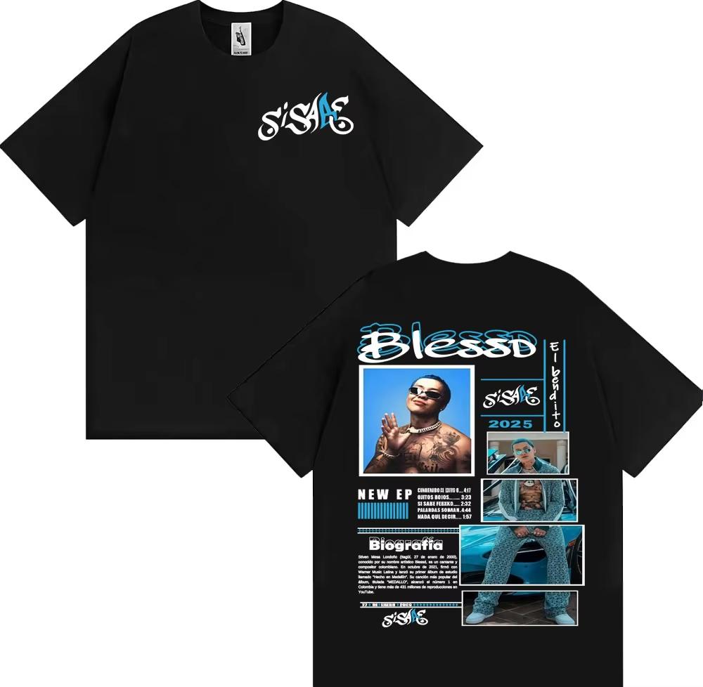 Rapper Blessd Si Sabe Album Tour Merch T Shirts for Men Fashion Vintage Hip Hop Tshirt Male 2026 Springsummer Short Sleeve Top