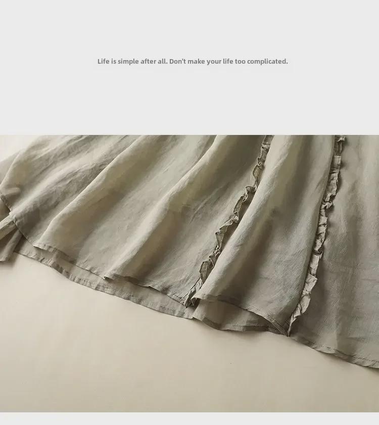 Trendy Cotton-Linen High-Waisted A-Line Skirt: Mid-Length with Ruffled Edges for a Slimming, Drapey Fit.