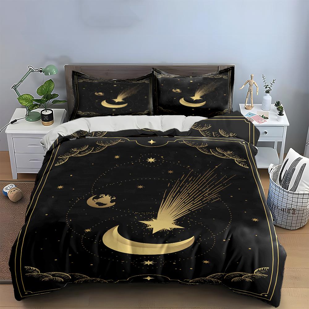 Cosmic Moon and Star Black Bedding Set Bedding set (1 duvet cover, 2 pillowcases, duvet not included)