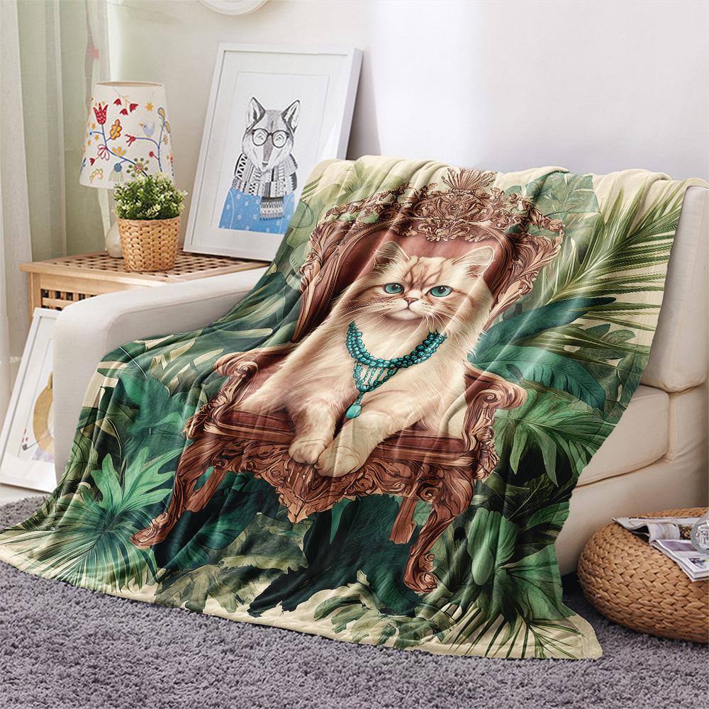 Gem Cat Print Flannel Blanket, High quality Comfortable for All Seasons, Home Decor, Warmth and Comfort