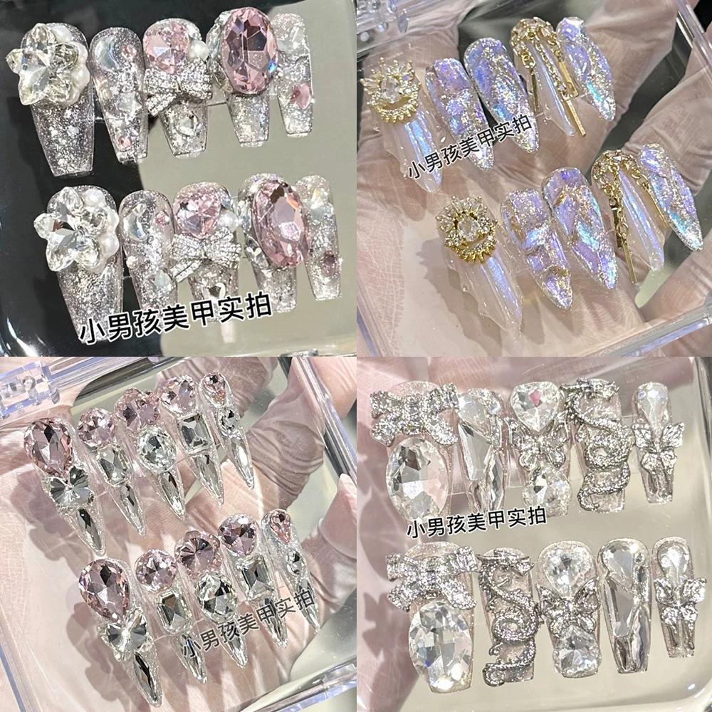 10Pcs Luxury 3D Rhinestone Handmade Transparent Press On Nails Shiny Long Coffin Reusable Full Cover Nail Art Gift