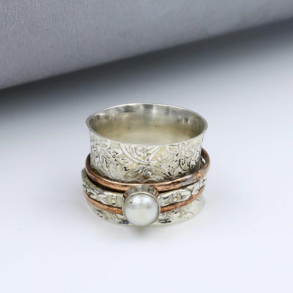 Кольцо из стерлингового серебра 925 пробы, Кольцо с белым жемчугом, Двухцветное кольцо, Кольцо в богемном стиле, Дизайнерское кольцо, Серебряные украшения