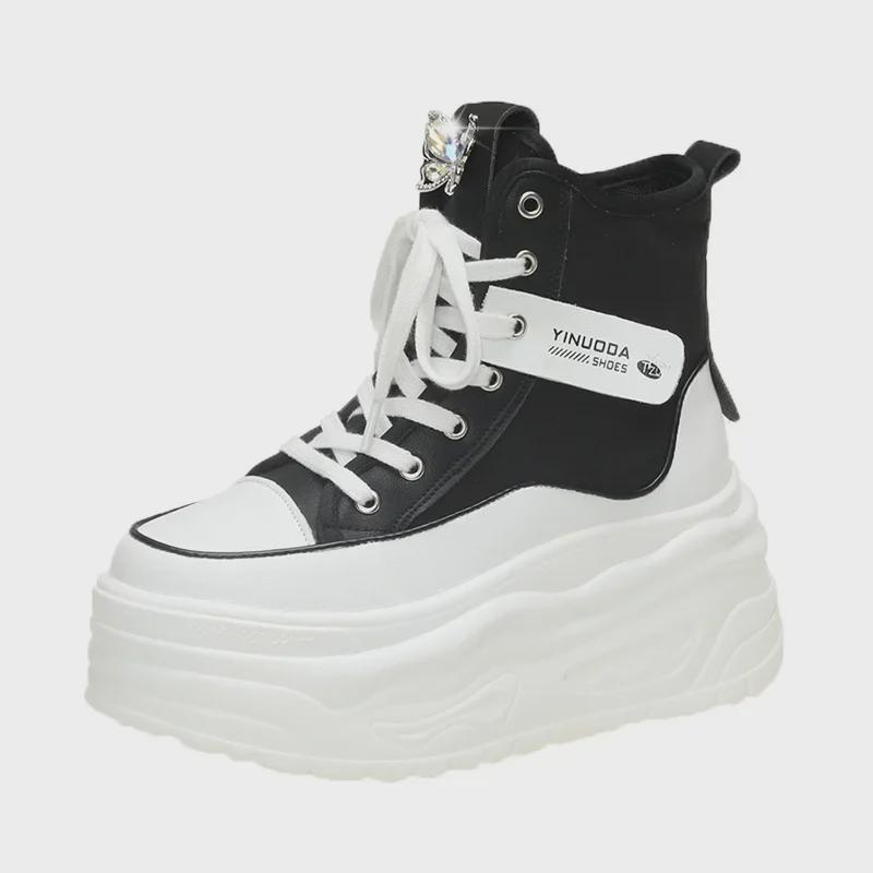 Осень 2024 г. Женские высокие повседневные кроссовки на толстой подошве, визуально увеличивающие рост, с круглыми носами для уличного стиля.