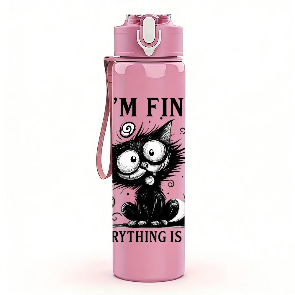1PC I'm Fine Black Cat Letter 750ml Color Plastic Sports Water Bottle Leakproof Flip Straw Lid Suitable for Sports Office Home Use