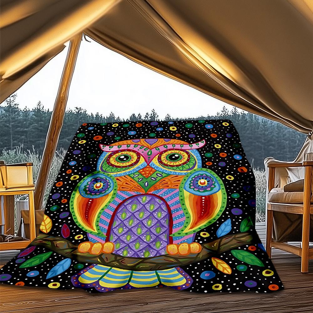 1pc Colorful Owl Art Print Print Outdoor Blanket, Lightweight Polyester,