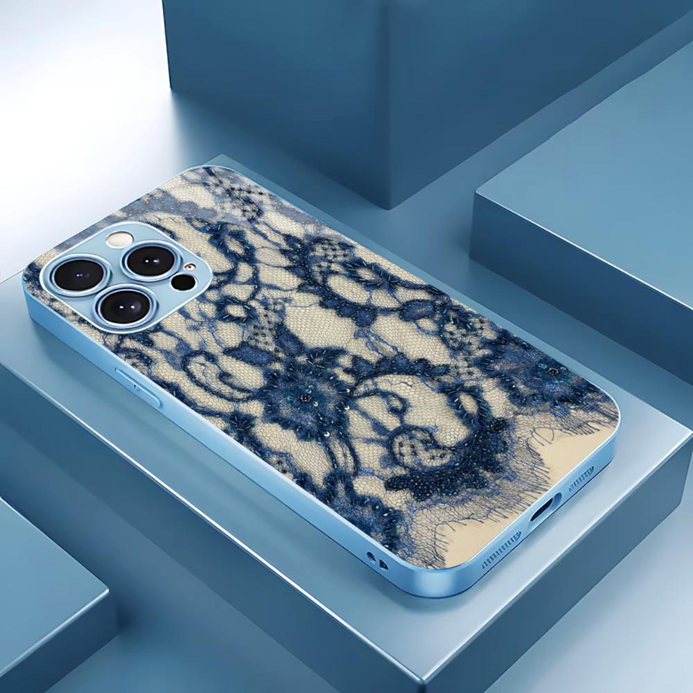 Elegant Blue Lace Print phone case for iphone 17 case for iphone 17 pro max cover Glass for iPhone 17 16 15 14 13 12pm Pro Plus