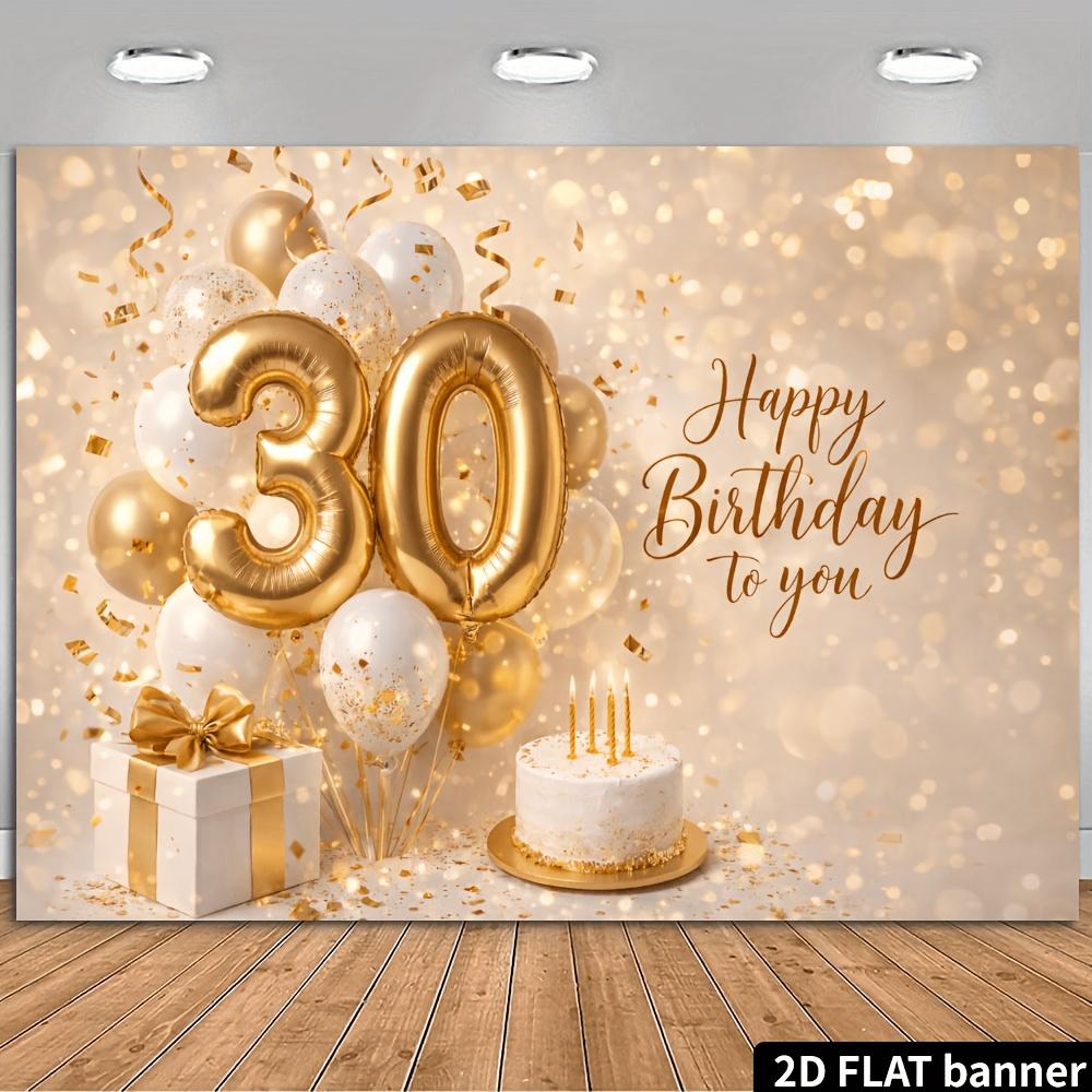 30th Birthday Party Banner Backdrop, White Gold Sparkle Number 30 Foil Balloon Gift Ribbon, Polyester, Party Decor