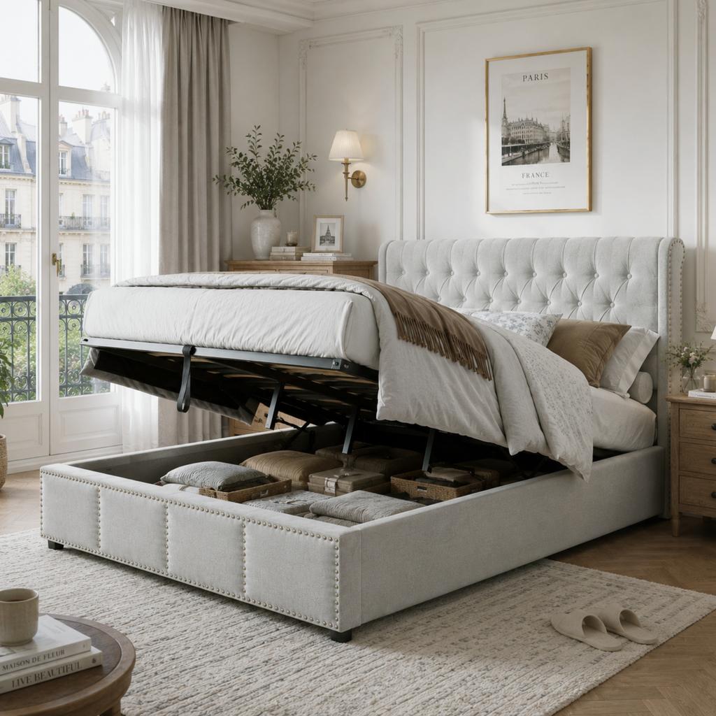Cotton-linen upholstered bed, with hydraulic lever, bed box storage, rivet decoration, 140 x 200 cm, without mattress