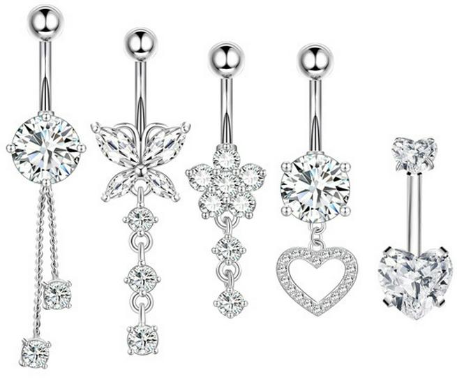 Heart-Shaped 5-Piece Pink Zircon Belly Button Ring Set for Piercings.