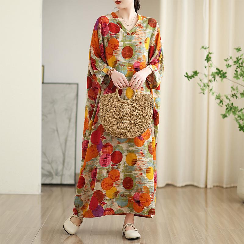 Ранняя весна отпуск стиль туризм V-образный вырез художественный ретро свободный повседневный средней длины закрытое платье