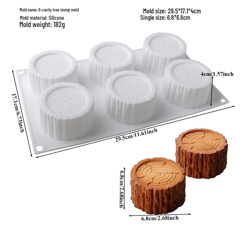 Силиконовая форма на 6 ячеек для муссового торта в виде пенька и десерта-полена