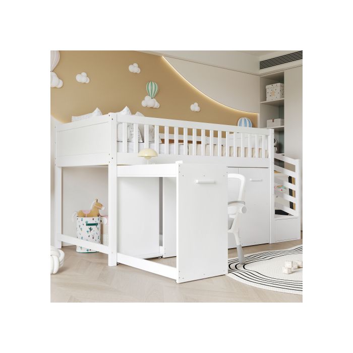 Двухъярусная кровать - Многофункциональная - Белая - Встроенный письменный стол - Шкафы для хранения - Повышенная безопасность