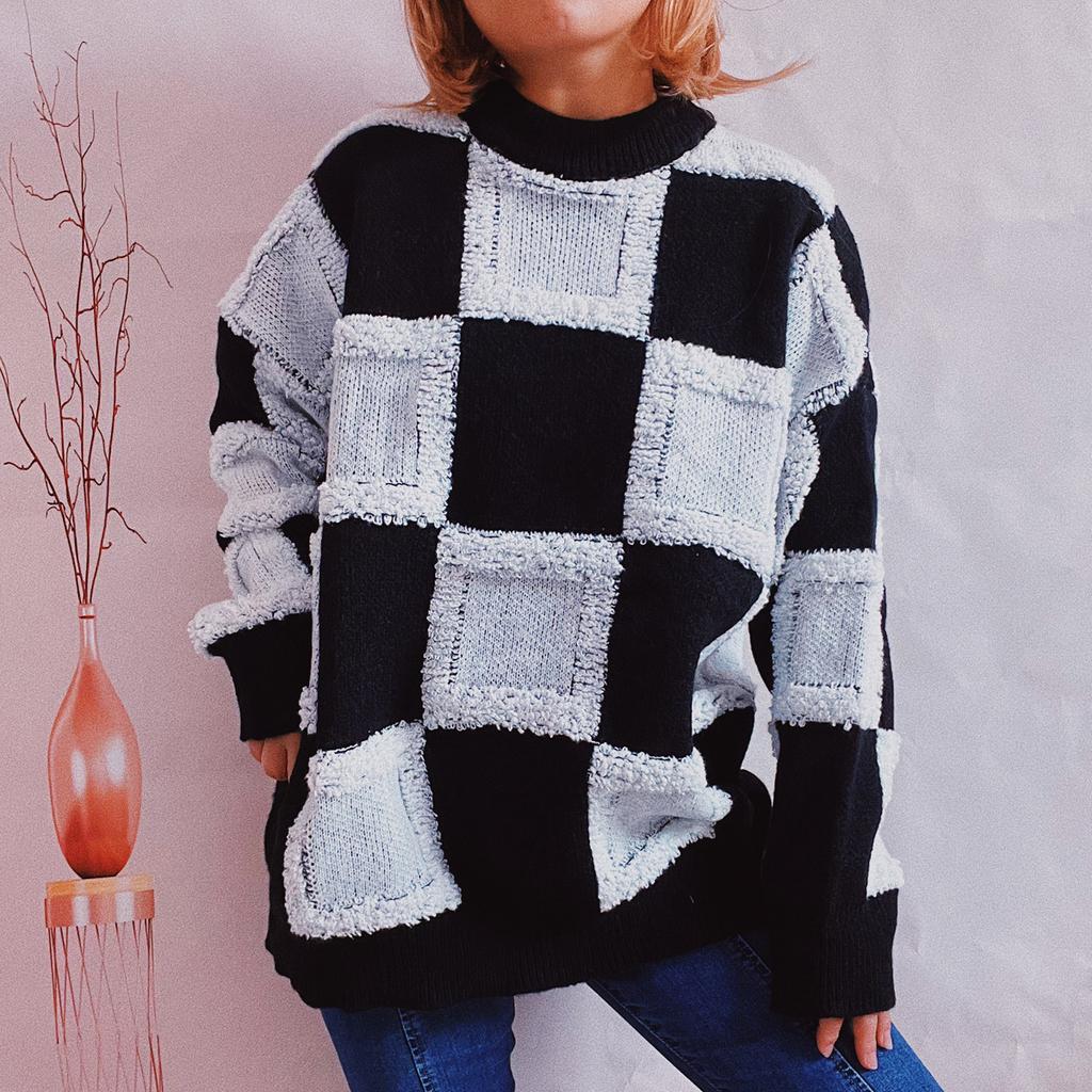 Street style loose checkerboard pattern thick round neck long sleeved knitted pullover sweater for women 3499 KTB