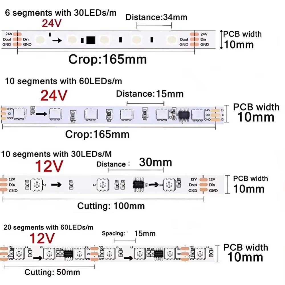 WS2811 Smart IC RGB LED Strip 30/60LEDs/M Individually Addressable LED Tape DC12V 24V Black/White PCB IP30 IP65 IP68 Waterproof