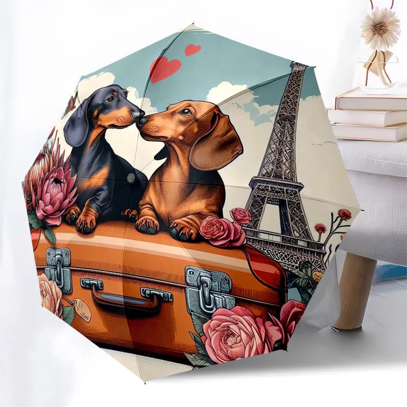 1pc Dachshunds in Paris suitcase flowers hearts Umbrella with Plastic Handle,Suitable for All Seasons Home Travel Outdoor Umbrellaptys31057