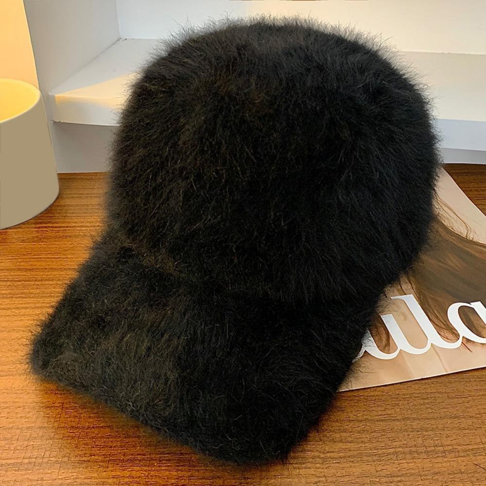 Solid Color Women's Baseball Cap Rabbit Fur Winter Warm Hat Comfort Plush Dubill Cap Daily