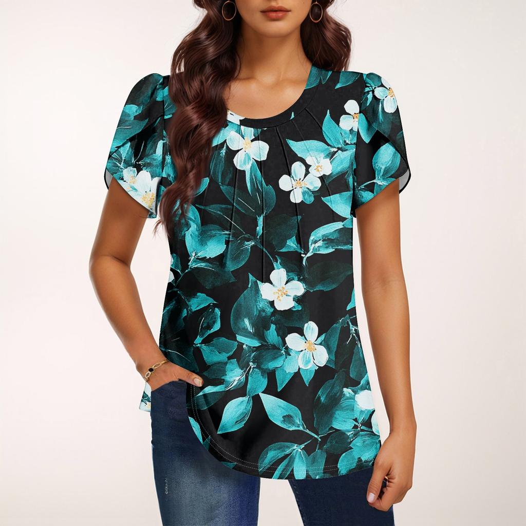 Women's Fashionable Round Neck Short Sleeve Printed Casual Basic Pleated Pullover T-shirt Top