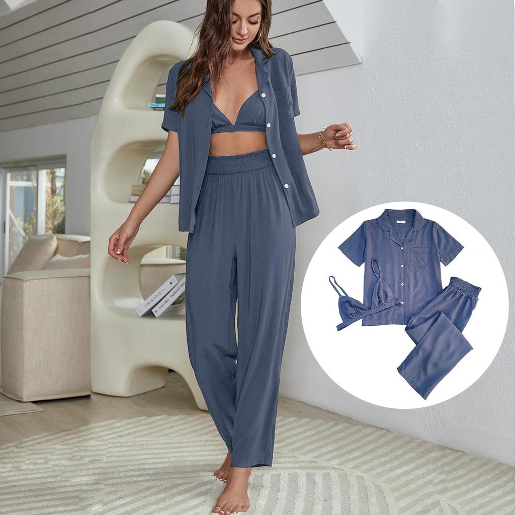 Women’s Sleeping Suits Rayon Pajamas 3 Pieces Set Short Sleeves Button Top Long Pants Comfy Bra Spring Summer Home Wear Lounge Suit Nightwear