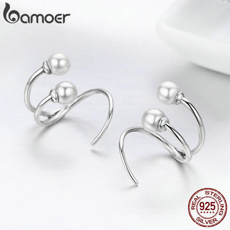 BAMOER 100% 925 Sterling Silver Earrings Elegant Imitation Pearl Stud Earrings