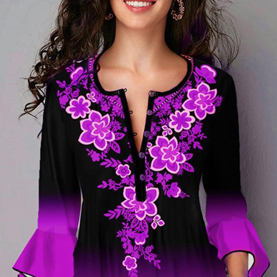 Винтажная рубашка с градиентным цветным принтом и нерегулярными расклешенными рукавами для женщин, тонкие все