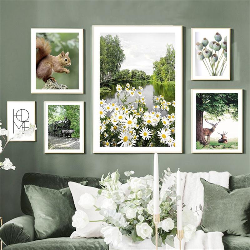 Скандинавский весенний пейзаж, холст, картина, постер, дикий цветок, животное, лиса, лось, белка, природа, одуванчик, современная картина, домашний декор