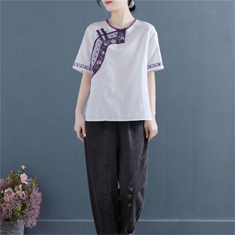 Летняя рубашка из хлопка и льна с вышивкой в этническом стиле для женщин, свободная футболка с круглым вырезом и пряжкой в стиле ретро из чистого хлопка с короткими рукавами