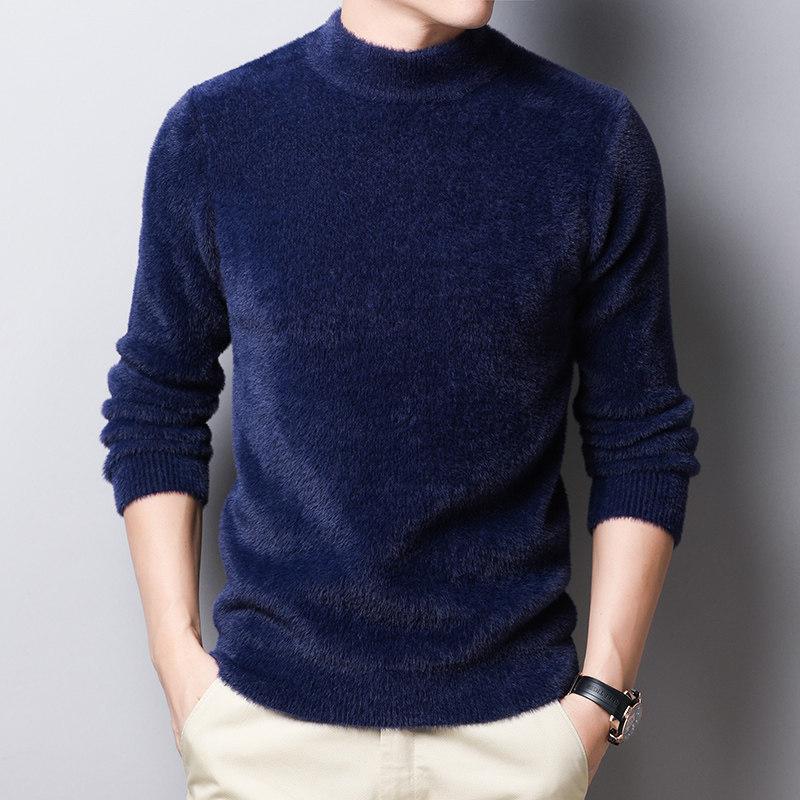 Свитшот из искусственного меха норки, мужской, антипиллинговый, высококачественный, трикотажный свитер с высоким воротом, облегающий, с длинным рукавом, однотонный, трендовая мужская одежда