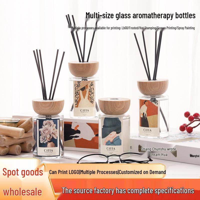 Wooden Lid Cylindrical Glass Aroma Diffuser Bottle, 120ml Flameless Car Refill, Transparent with Printing for Hotel Use.