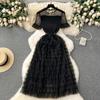 Nomikuma French Women Sweet Mesh Cake Dress Tie Up Waist Slimming Mid Length Elegant Long Cake Dresses 2024 Summer New Vestidos