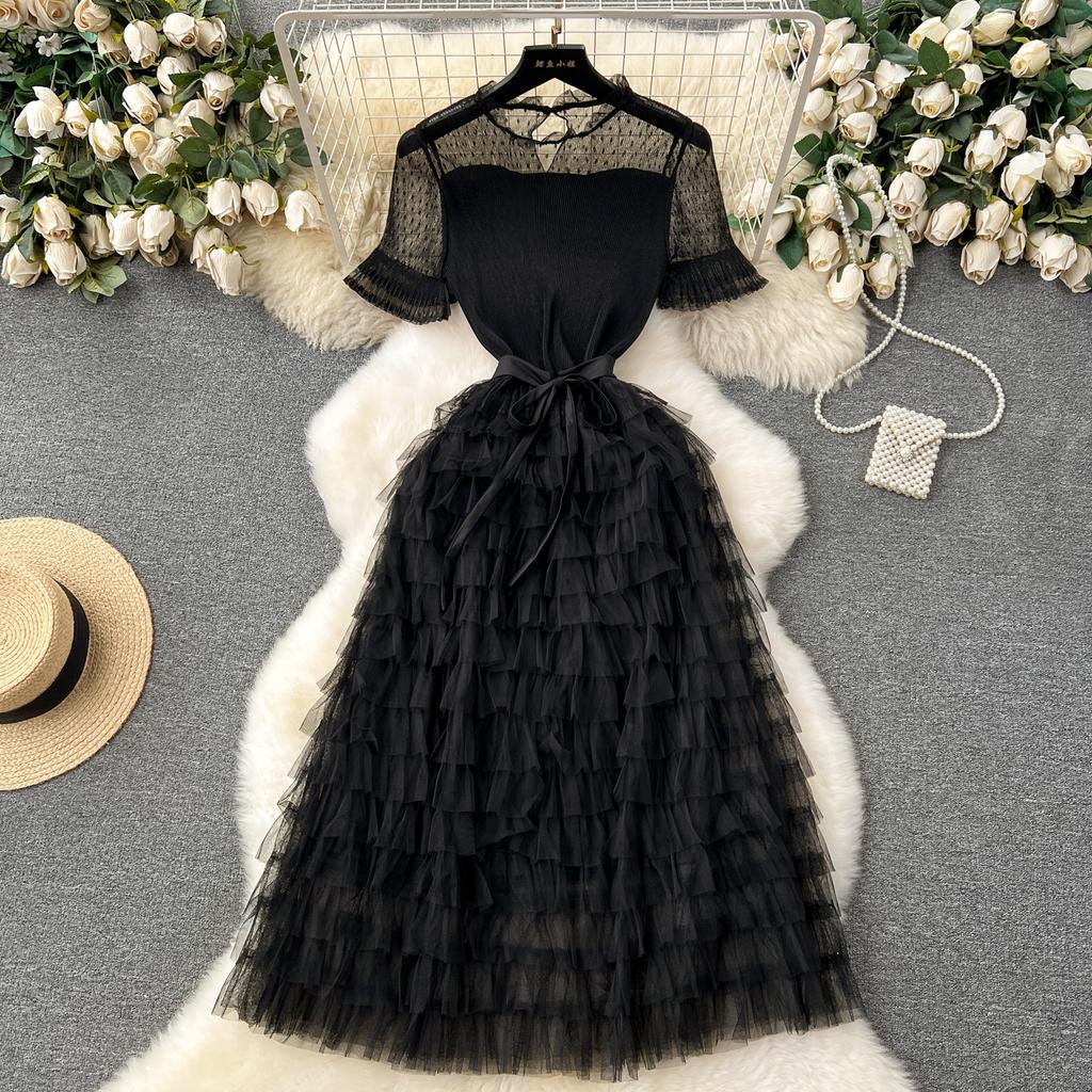 Nomikuma French Women Sweet Mesh Cake Dress Tie Up Waist Slimming Mid Length Elegant Long Cake Dresses 2024 Summer New Vestidos
