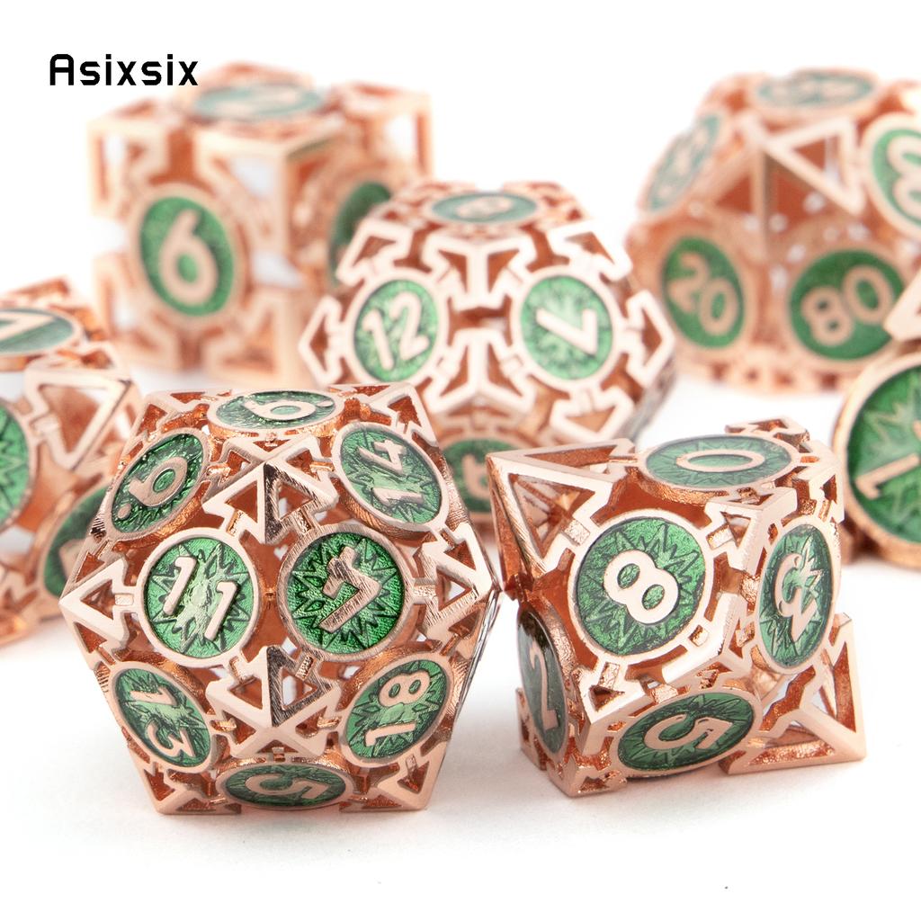 7 Pcs  Green Red Metal Dice Circular Hollow Metal Polyhedral Dice Set Suitable for Role-Playing RPG  Board Game Card Game