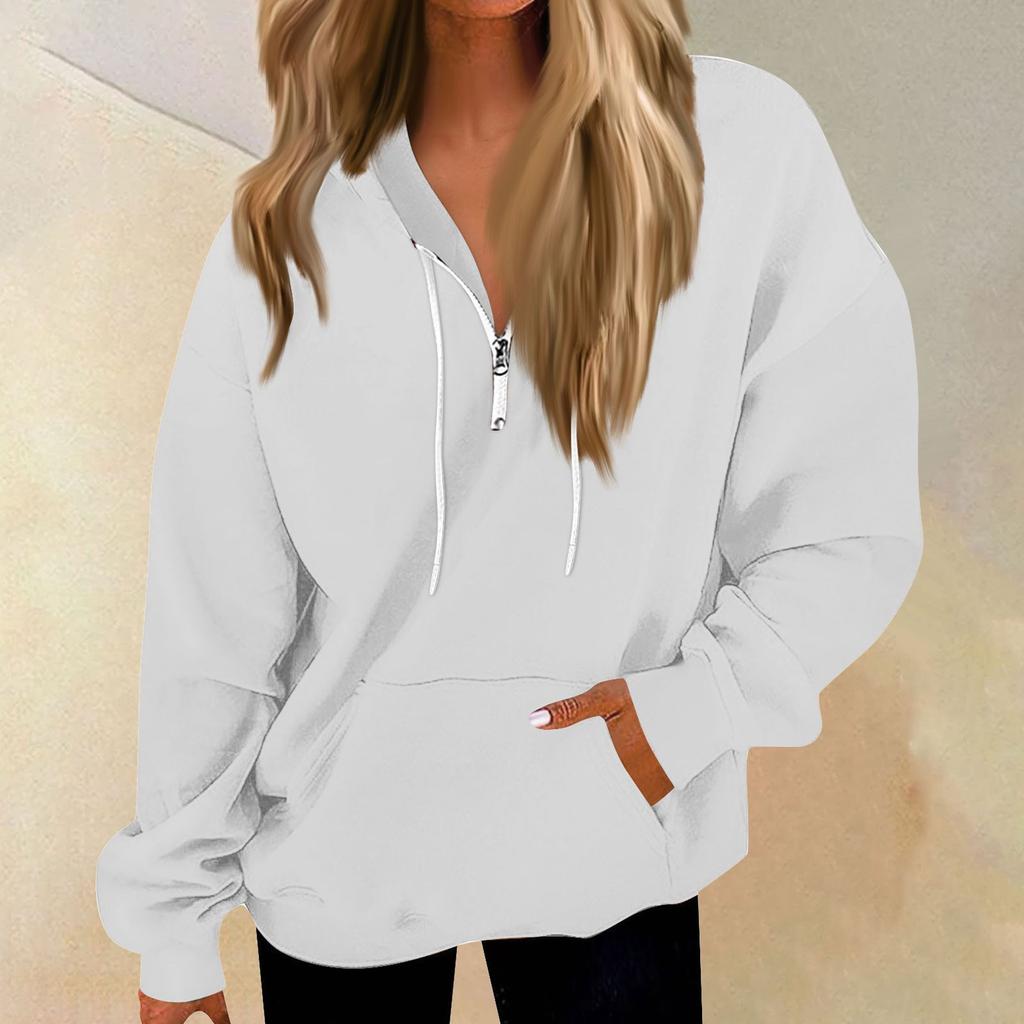 Women's Casual Fashion Long Sleeve Solid Color Zip Pullover Hoodies Sweatshirt Top