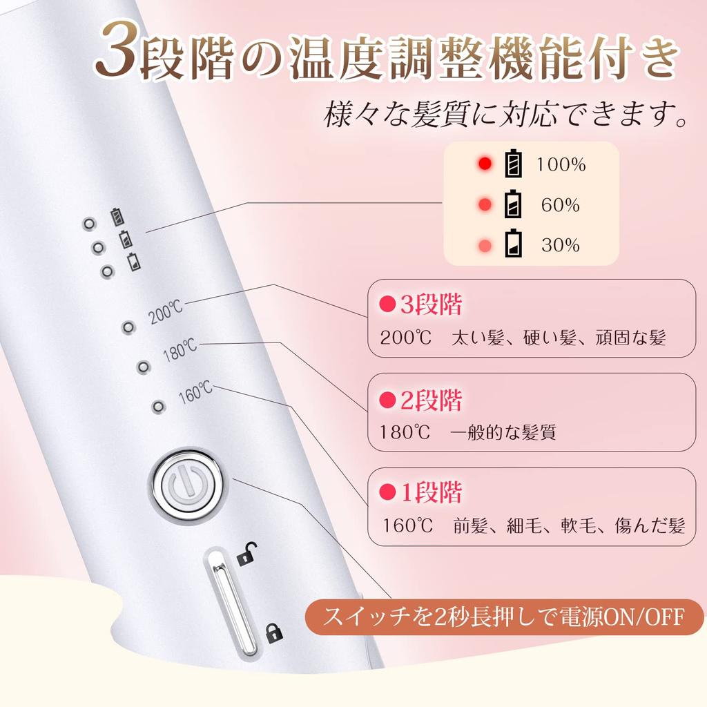 Hair Iron Cordless Straight Mini Curling Iron USB Rechargeable 2way Curl Straight 3 Level Temperature Settings Wireless Bangs Lightweight Cover