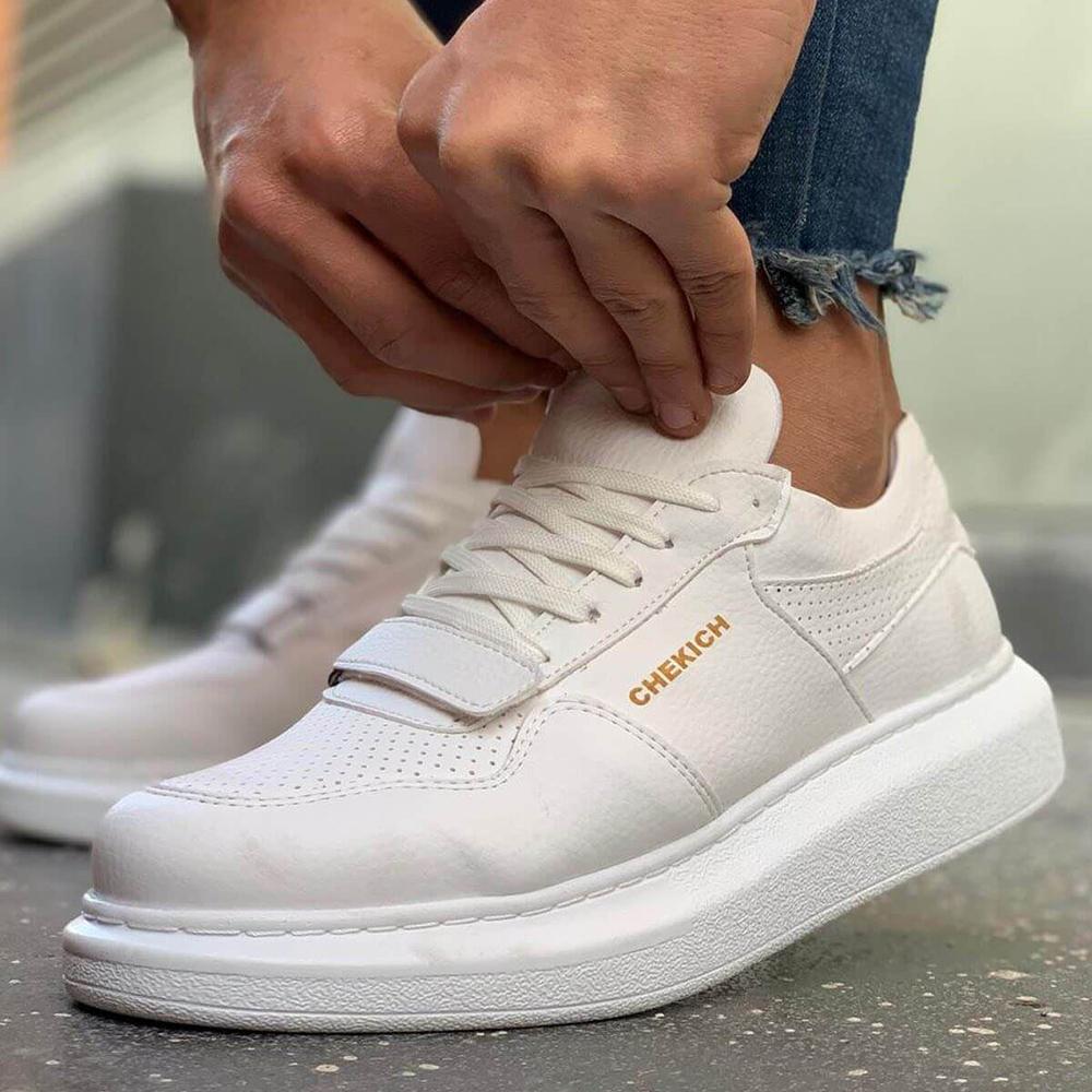 Chekich Мужская обувь. Повседневная обувь. Черный цвет. Искусственная кожа на шнуровке. Весенние и осенние сезоны. Вулканизированная лента на липучке. Белая высокая подошва. CH073.
