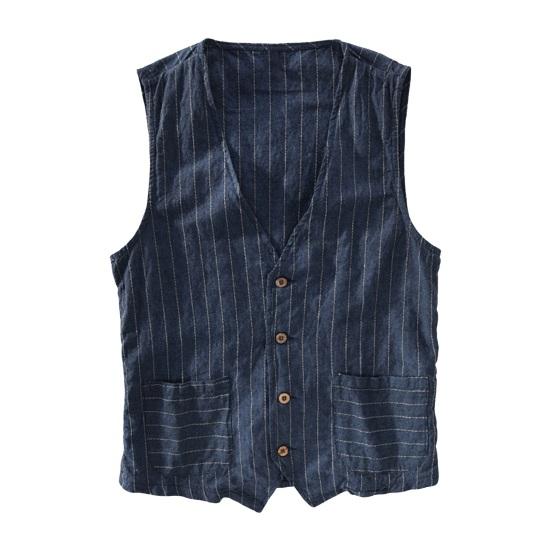 British Style Men Waistcoat V-neck Collarless Sleeveless Striped Print Vest Coat with Pockets Single Breasted Vest