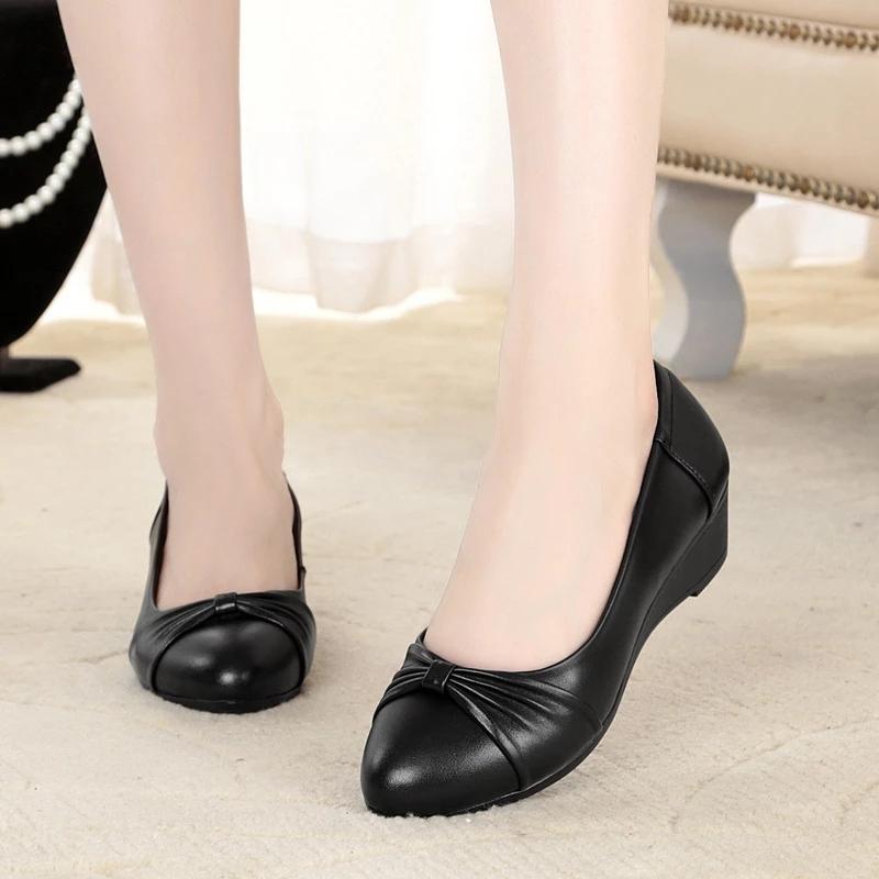 Office Shoes Women Wedges Heels Patent Leather Black Shoes Work Ladies Shoes